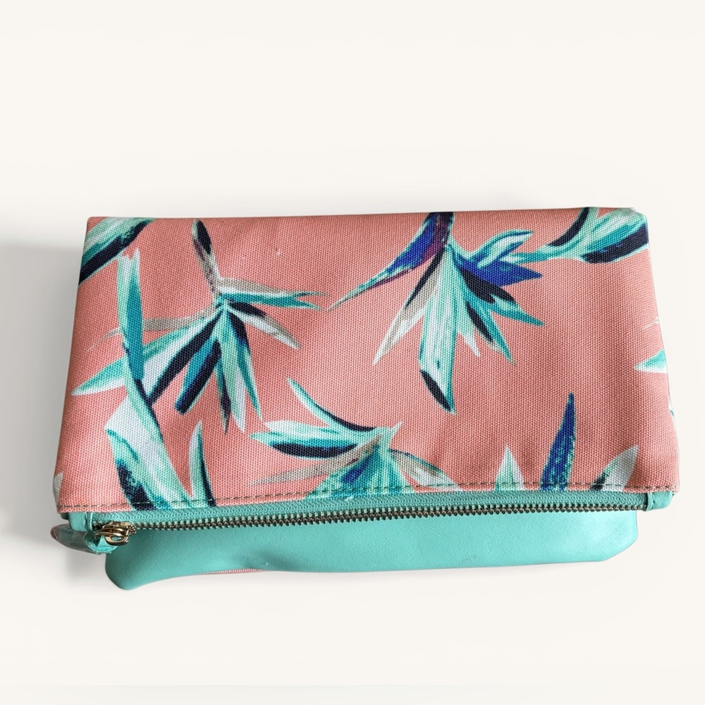 Rachel Pally Mint Fold-Over Clutch with Pink Floral Trim
